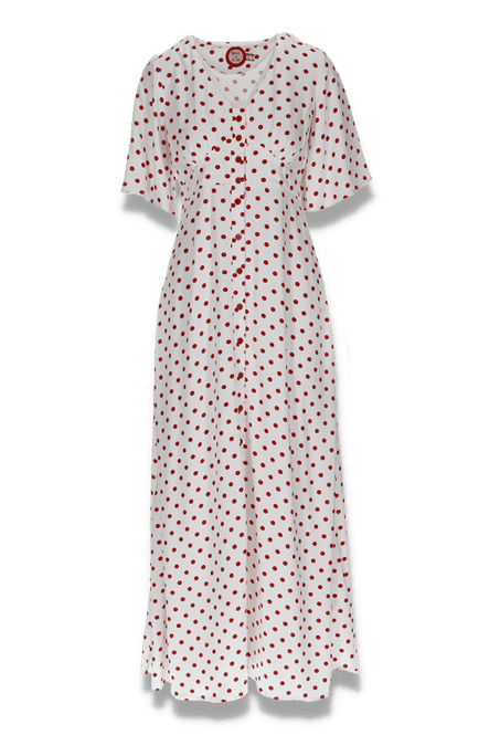 Huvudbild Liva vit och röd polkadot klänning