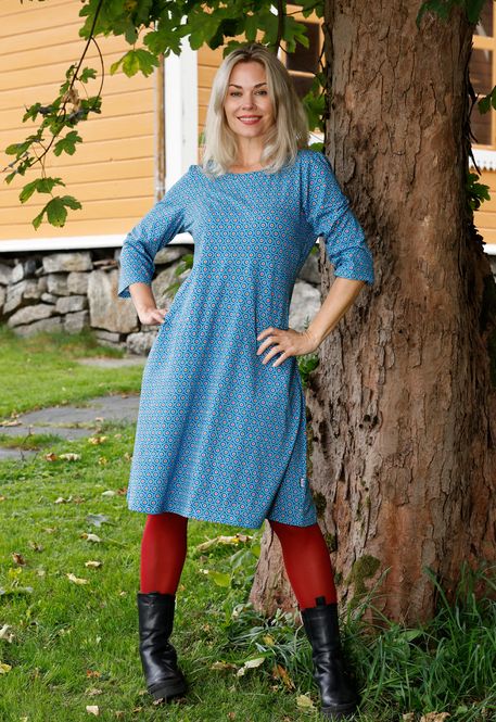 Huvudbild Sonja petrol orange mönstrad klänning