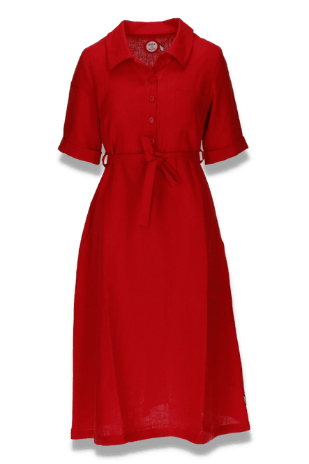 Huvudbild Pernilla röd linneklänning