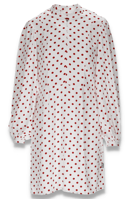 Huvudbild Trazy vit och röd polkadot klänning